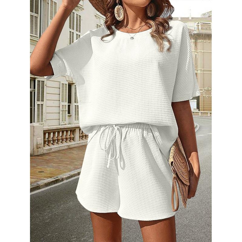 

Womens Multicolor Casual Short Sleeve Top and Drawstring Shorts Lounge Set S белый