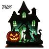 Talos Witch Wooden Table Centerpiece, Spooky Castle Black Cat Standing Tabletop Ornament for Halloween Party, Desk Tiered Tray Decor