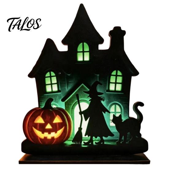Talos Witch Wooden Table Centerpiece, Spooky Castle Black Cat Standing Tabletop Ornament for Halloween Party, Desk Tiered Tray Decor