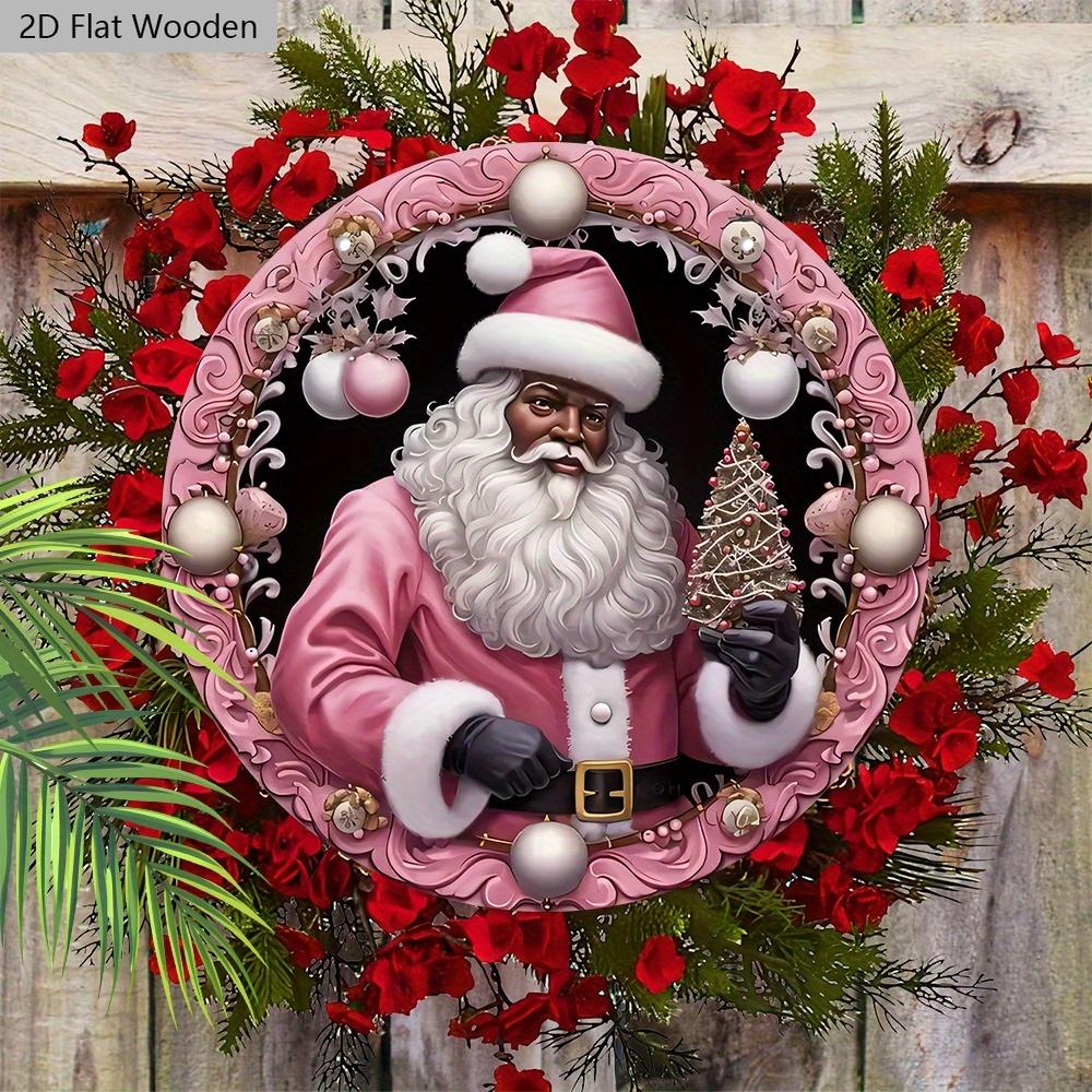 Pink Christmas Wooden Sign with Black Santa Claus Pattern - Navidad Round Sign for Yard Door Wall Hanging Decor - Ideal Christmas Decoration