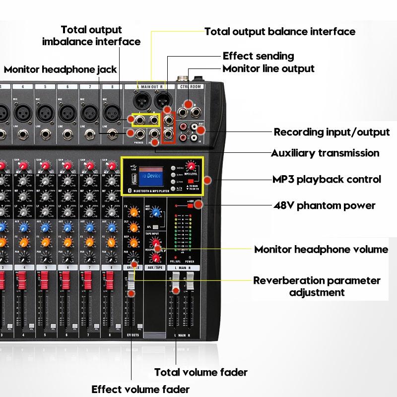 USB 8 Channel Bluetooth Record Computer Playback Phantom Power Effect USB Audio Mixer Sound Mixing Console