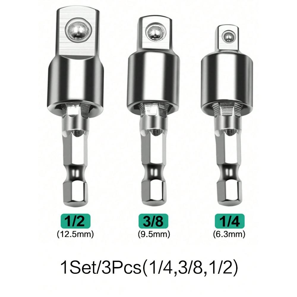 

Набор из 3 шт./набор Адаптер для торцевых головок для дрели, Вращающийся на 360 градусов Универсальный шарнир Поворотный набор торцевых головок Хвостовик 1/4 дюйма под шестигранник на 1/4 3/8 1/2 Приводы под квадрат 3pcs серебряный