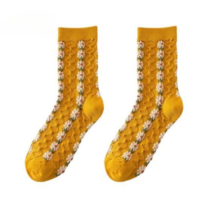 5 Pairs  Autumn and Winter Women Applique Flower Vintage Mid-tube Warm Socks Thick Anti-slip Soft High Elasticity Sock