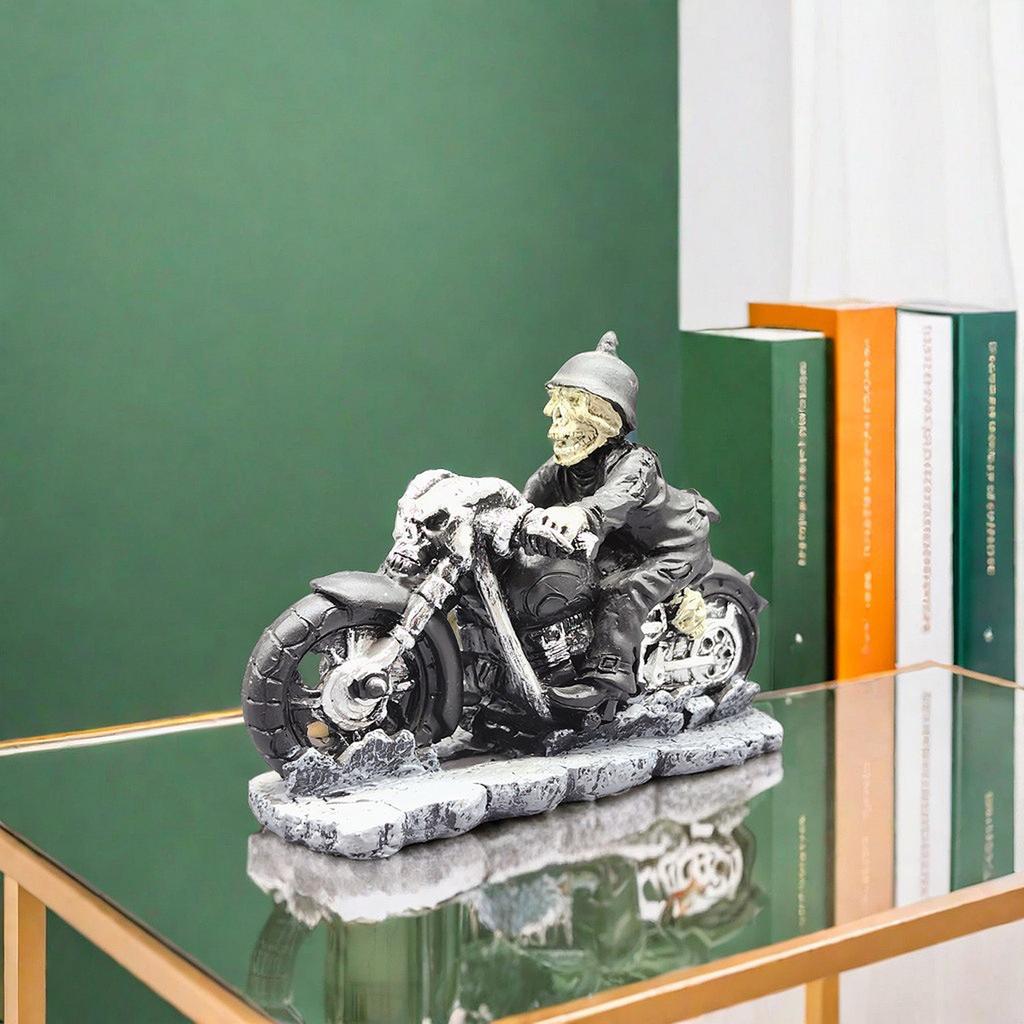 Creative Skull Motorcycle Figurine Halloween Party Desktop Ornament Decorative Craft Sculpture for Home Office Table Display