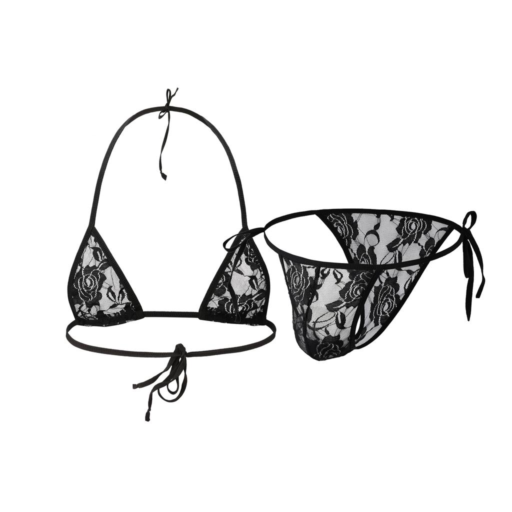 CLEVER-MENMODE Sexy French Back Lingerie Men Crossdress Lace Bra Thong Set Bikini Panties Costume Spaghetti Strap Nightwear