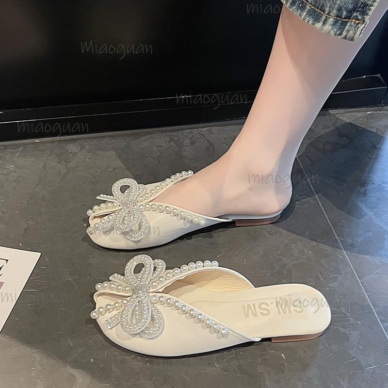Fashion Women's Fashion Slippers Summer Footwear Pearl Flat Bow Rhinestone Outer Half Baotou Sandals Comfortable Soft Sole Women Shoes
