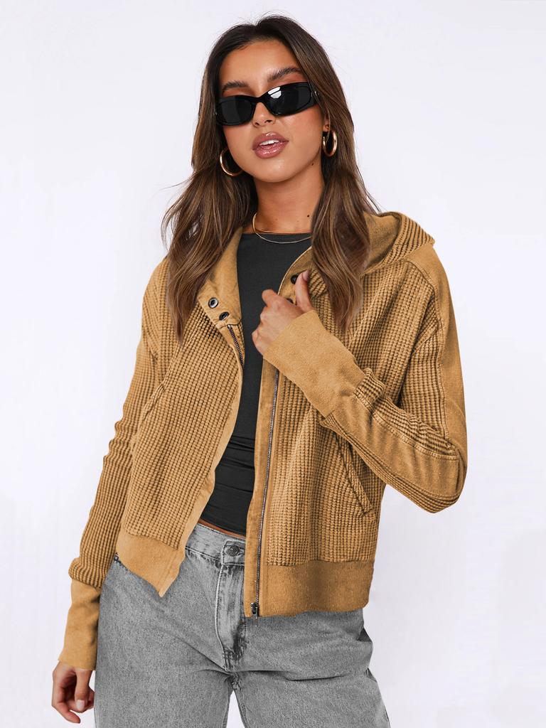Women's Beige Knit Hooded Zip-Up Jacket with Pockets, Casual Loose Fit Pullover Coat