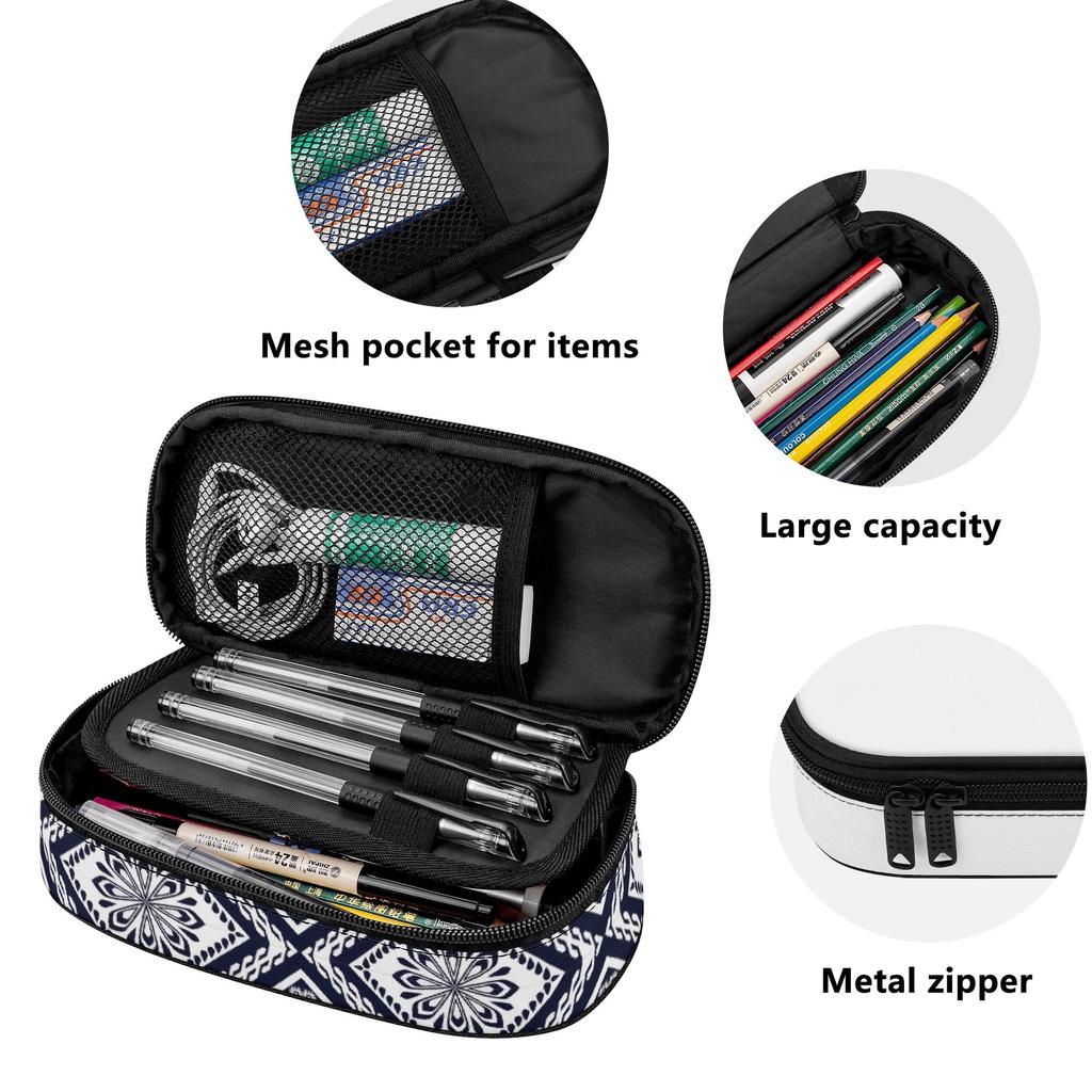 Pencil Pouch 300D Polyester Large Capacity Zip Around Closure with Main Storage Mesh Pocket and Organized Pen Holders for Students