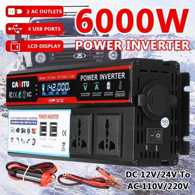 4USB 6000W Solar Power Car Inverters LCD Display DC12/24V To AC 110V/220V Modified Sine Wave Voltage Transformer Car Adapter