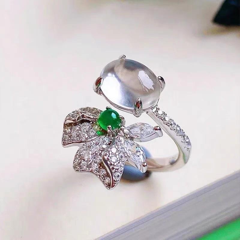 Elegant White Chalcedony and Hetian Jade Open Ring