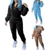 Set Trening Plușat Culoare Solidă pentru Femei 2 Bucăți Top cu Mânecă Lungă și Guler Ridicat și Pantaloni Groși cu Talie Elastică Îmbrăcăminte Sport