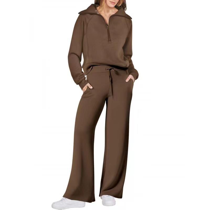 Autumn Fashion Casual Sports Set: Zippered Long-Sleeve Women's Sweatshirt and Wide-Leg Pants Two-Piece Set