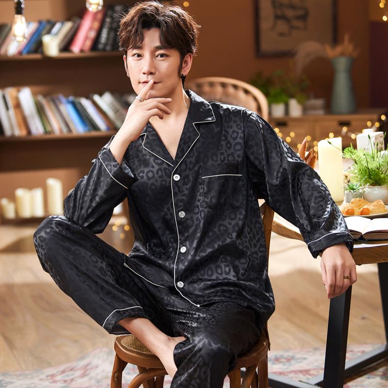 Men’s Thin Ice Silk Long-Sleeve Cardigan Two-Piece Home Wear Set - Spring/Summer XXL