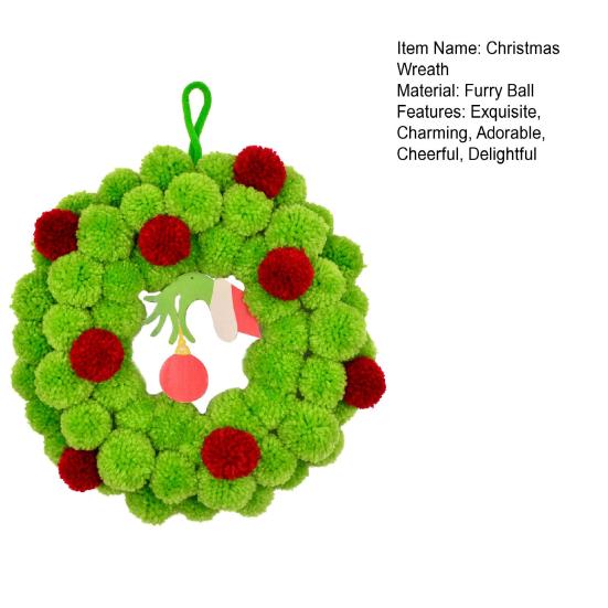 13 Inch Christmas Green Elf Wreath for Front Door Plush Pompom Ball Wreath with Wooden