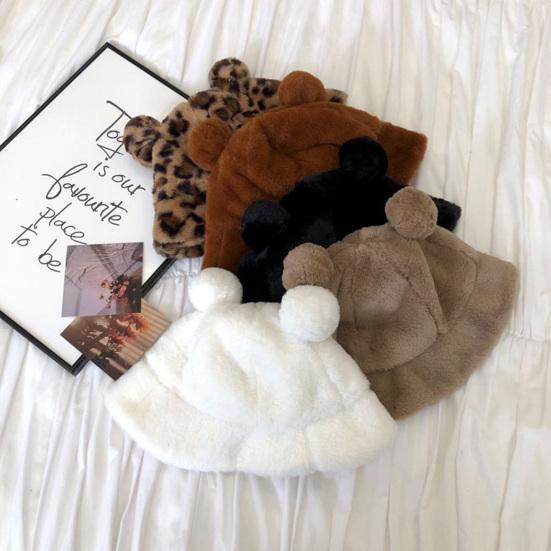 Sombrero de Pescador Orejas de Oso Bola de Felpa Engrosada Otoño Invierno Leopardo Bola de Felpa Gorro Cubeta para Exteriores
