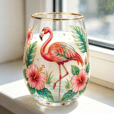Schmetterling Flamingo Glasbecher, Handbemalte Blumengarten Tasse, Wein Saftglas mit Goldrand, Einzigartiges Geschenk für Sie