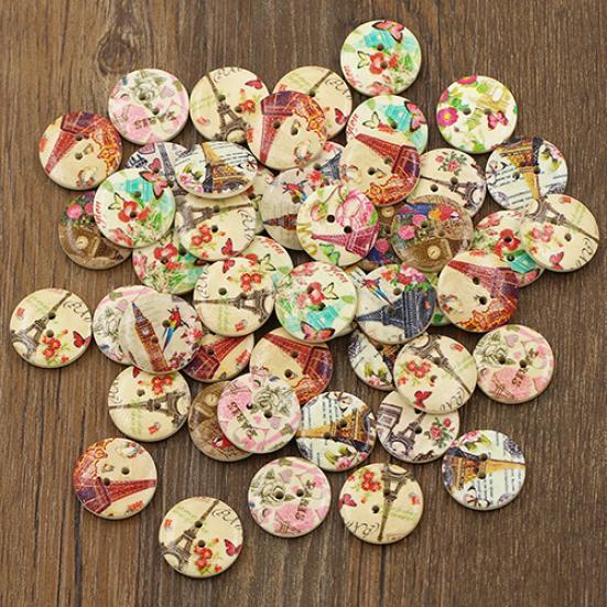 50 Pcs Eiffel Tower Flower 2 Holes Wooden Buttons Sewing DIY Craft Scrapbooking