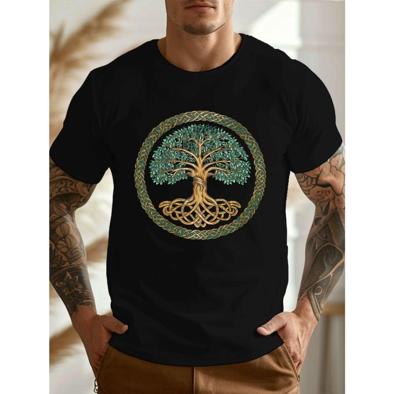 

European sizes Men s Celtic Knot Tree Shirt ,Celtic Knot Tree Border Short Sleeve Round Neck Summer Shirt 2XL чорний