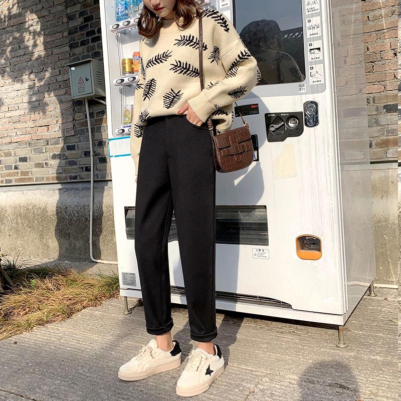 Fashion Thick Solid Woolen Harem Pants Women Autumn Winter Loose Straight High Waist Long Trousers Women Pockets Plus Size Wool Wide Leg Pants 30969