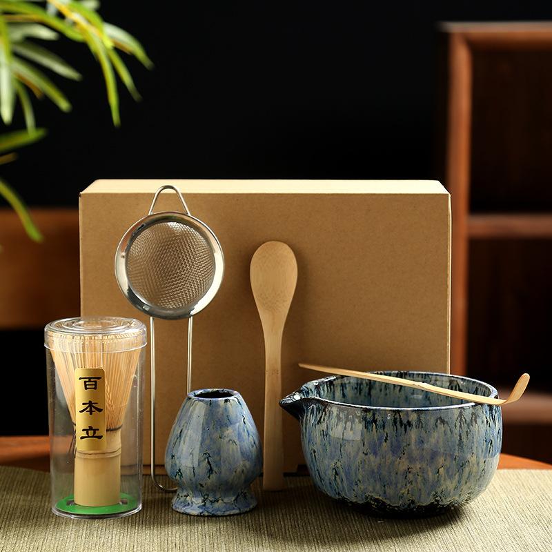 6PCS Matcha Tea Set Ceramic Matcha Bowl Bamboo Whisk Scoop Teaspoon Sifter Vintage Song Dynasty Tea Ceremony Kit