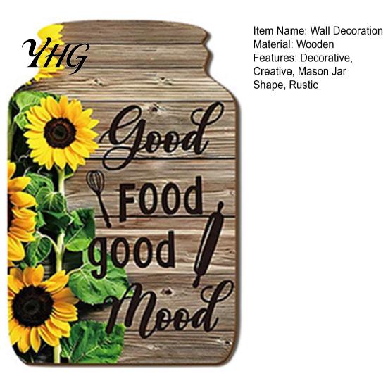 Rustic Sunflower Wall Art Mason Jar Shape Decoration, Wooden with Print, Decor Retro Hanging for Farmhouse Kitchen Living Room Bathroom Country Style