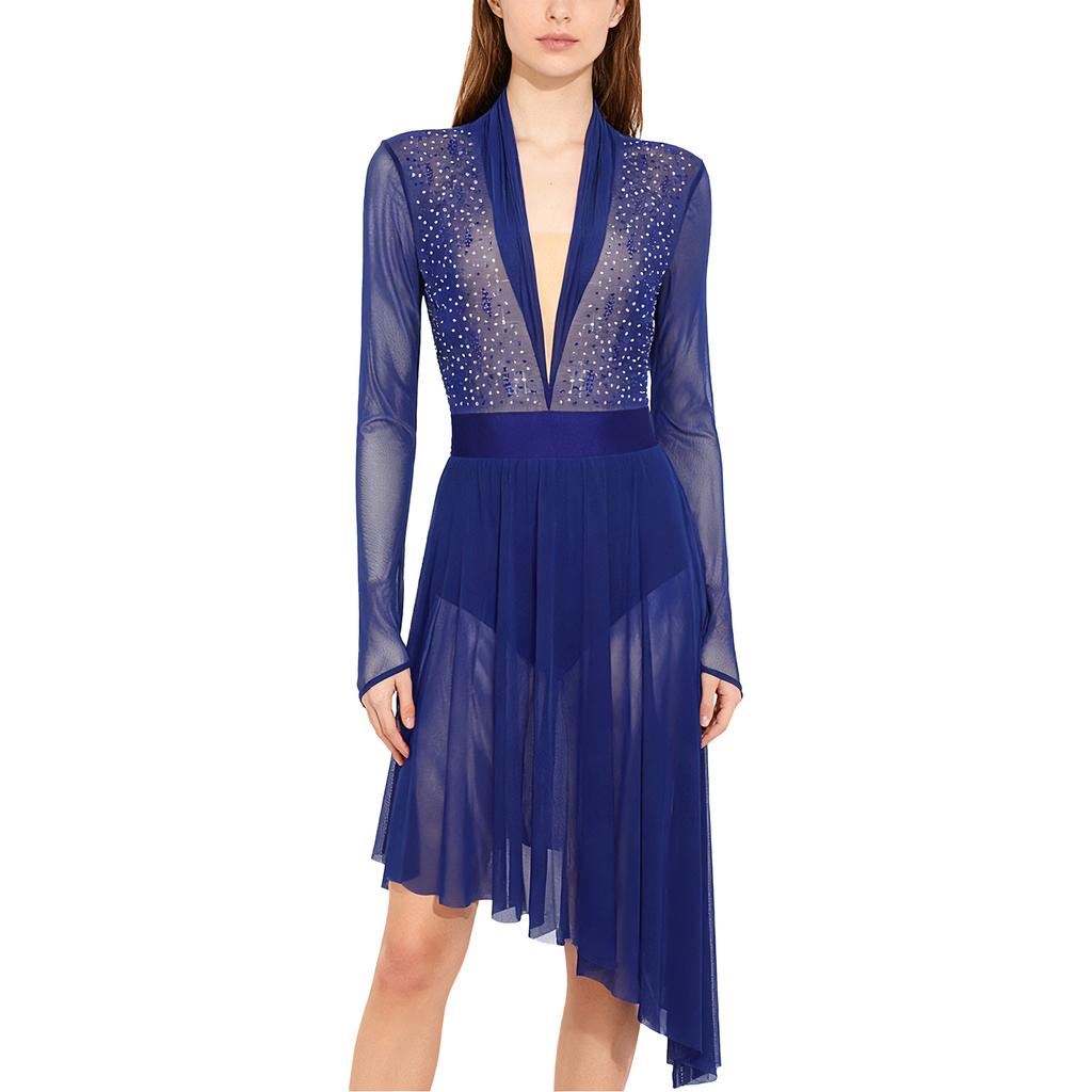 Damen Lyrical Tanzkleid S-XXL: Transparenter Netzstoff Langarm mit glitzernden Strasssteinen & Eingearbeiteten Schrittknöpfen Höschen Rüschen Design