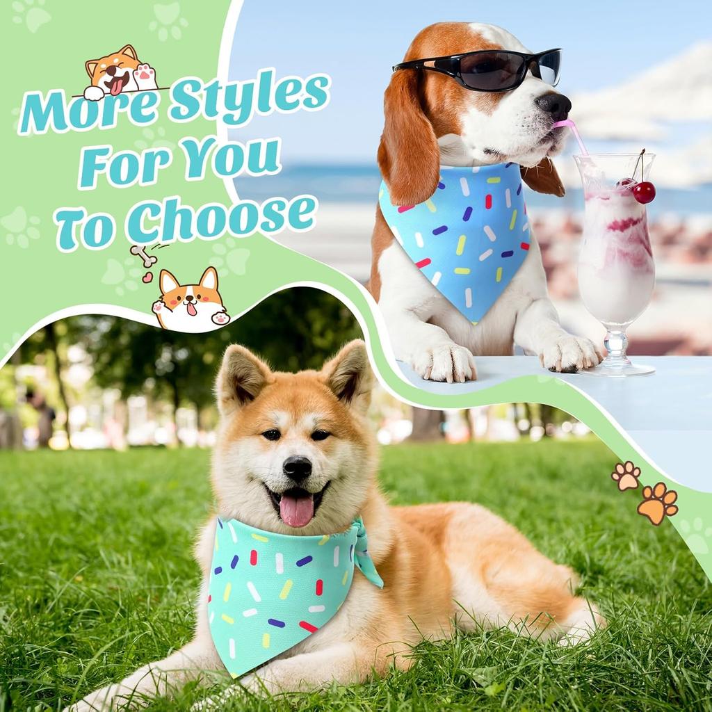 Sanwuta 50 Pcs Birthday Dog Bandanas Bulk, Donut Confetti Design, Pink Yellow Blue Green Purple Triangle Kerchief Bibs Scarf, Pets Doggie Birthday