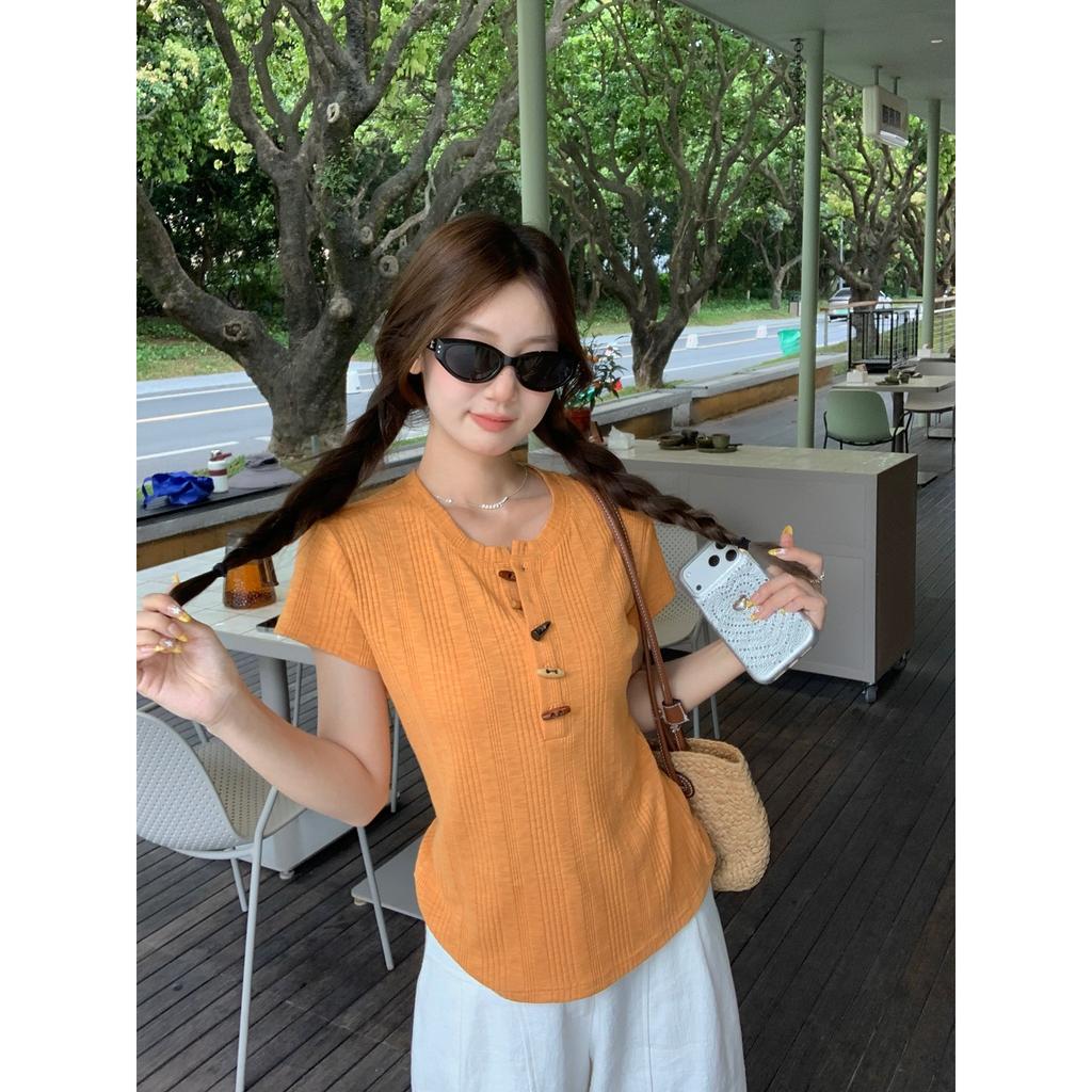 Fashion niche design sense semi-open neck front shoulder short-sleeved T-shirt women's summer slim and thin versatile small top