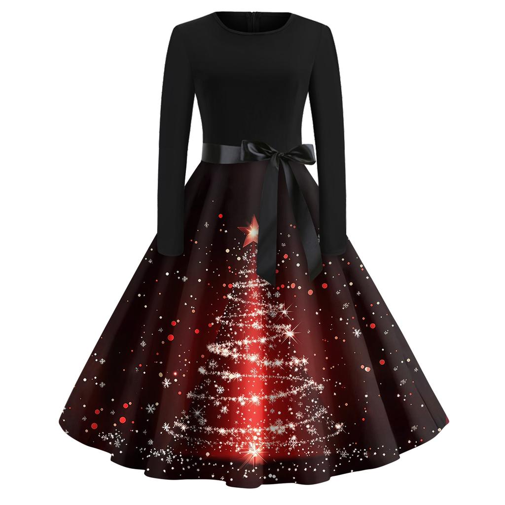 Halloween Print Flare Dress For Women Long Sleeve Dress Hollow Party Casual Round Neck Dresses