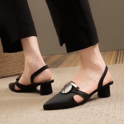 Baotou Thick Heel Sandals Spring New Pointed Head Shallow Mouth Metal Buckle A Slip-on Wear-resistant High Heels