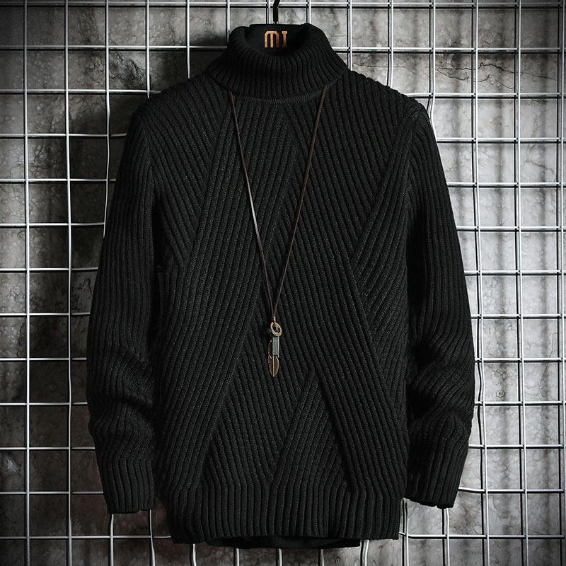 

2025 Winter Trendy Men s Thickened Korean Style High Neck Pullover Sweater with Slanted Stripes XXL чорний