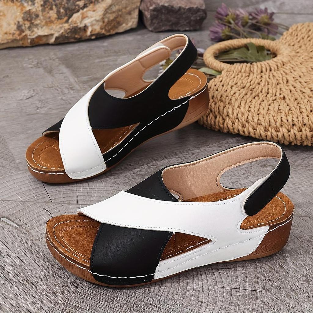 Keilsandalen in Kontrastfarbe für Damen, Peep-Toe-Slingback-Schuhe mit weicher Sohle, bequeme Sommersandalen für den Außenbereich