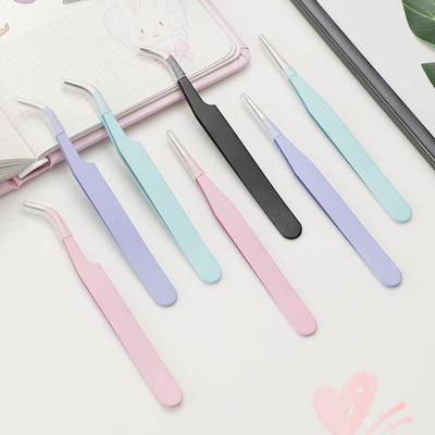 1pcs Macaron Colorful Stainless Steel Tweezers Straight and Bent Tips for Nails Eyelash Makeup DIY Sticker Tools