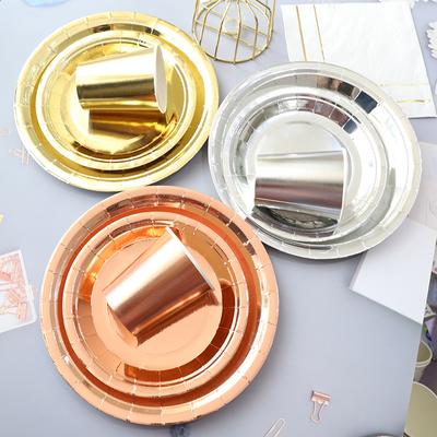 10pcs Gold Silver Rose Gold Disposable Tableware Set Solid Color Paper Plates Cups Wedding Birthday Party Supplies New Year 2024