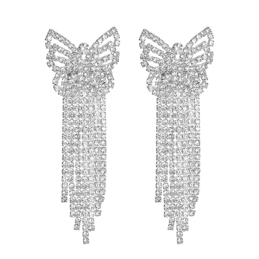 Luxuriöse glitzernde Strass Ohrringe mit langen Fransen und Schleife