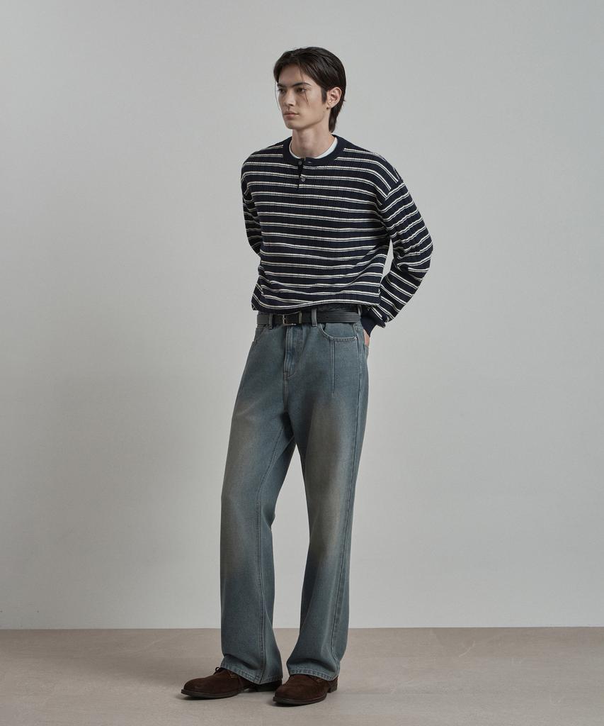 WORK ON BODY OFF Pano Semi-Overfit Striped Henley Neck Knit [Navy]