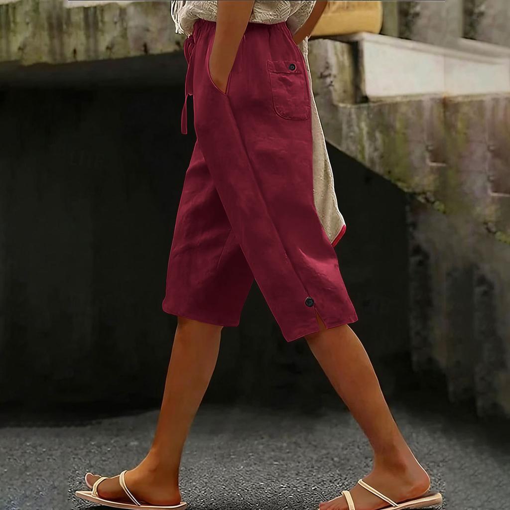 Women’s Loose Fit Linen Cropped Pants with Elastic Waistband and Side Pocket Casual Wide Leg Trousers