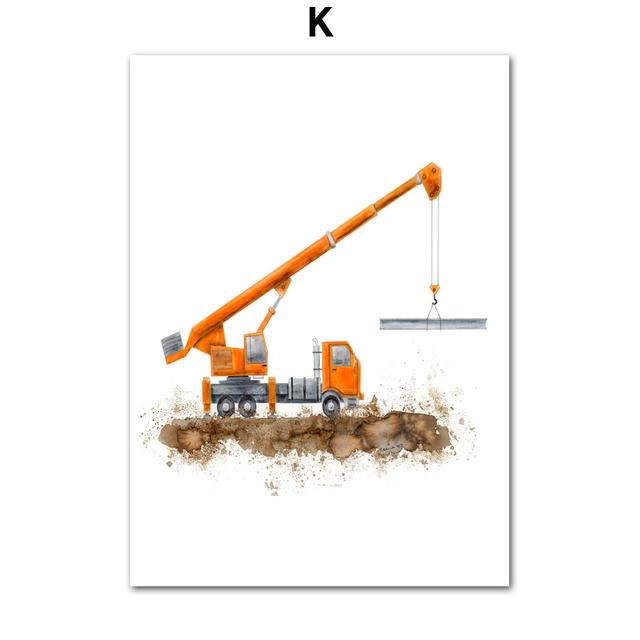 Jeřábový traktor, vysokozdvižný vozík, postřikovací bagr, závodní auto, malba na plátně, plakát a tiskárna, nástěnný panel, dekorace do dětského pokoje