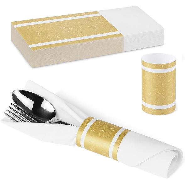 100 Pcs Napkin Bands - Paper Napkin Rings Self Adhesive,Silverware Wraps Bands for Wedding Party Event Dinner Table Setting(Gold)