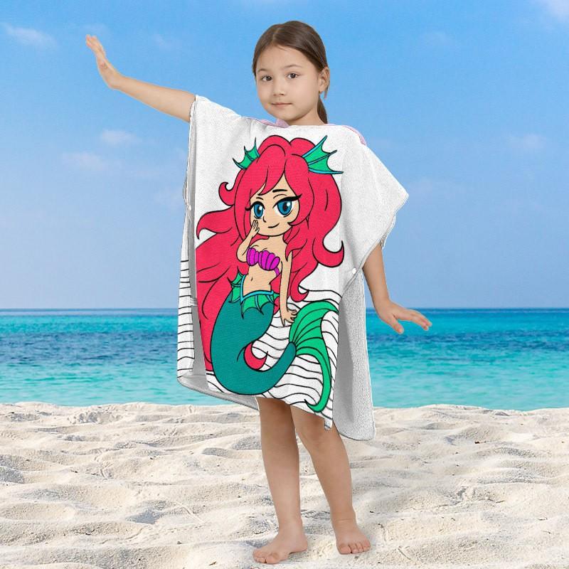 Kids Quick-Dry Hooded Cape Towel Superfine Fiber Beach Swimming Diving Pool Use Unisex Childrens Printed Bath Robe 60x120 Hook-and-loop
