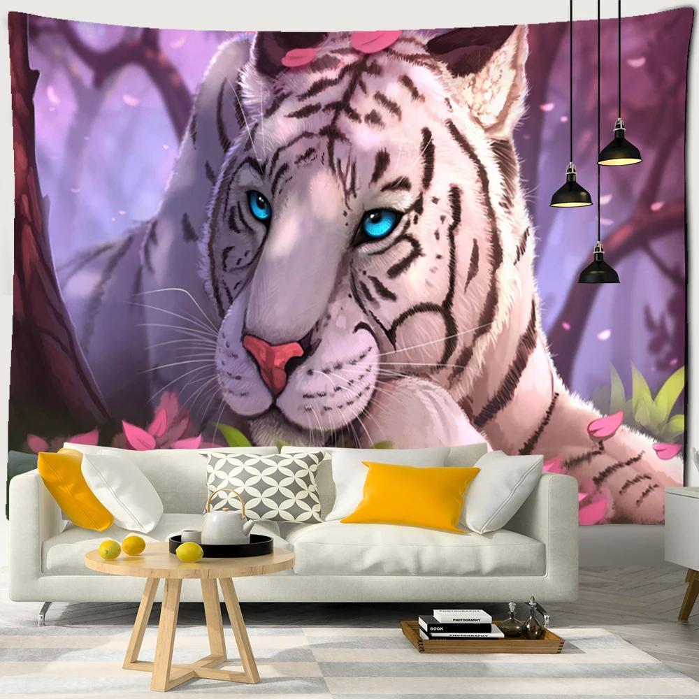 Mysterious Forest Tapestry Wall Hanging Flowers Jungle Animals Moon Ocean Landscape Illustration Room Home Decor