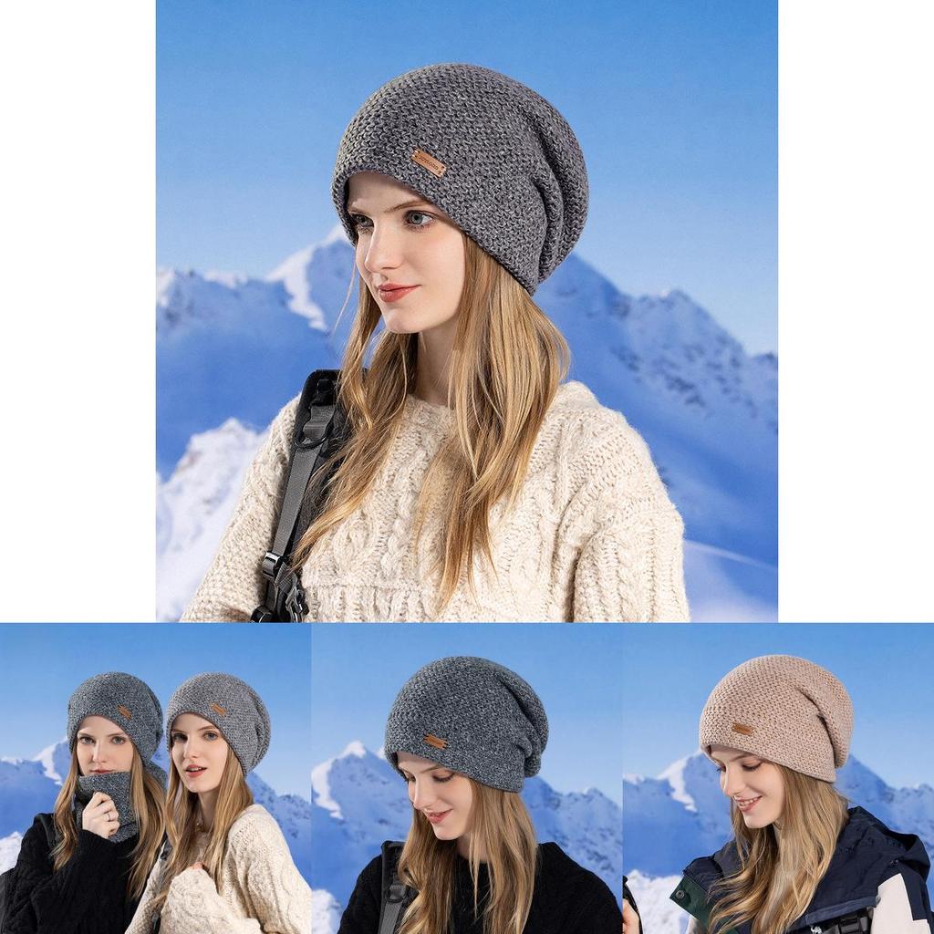Womens Knitted Hat And Neck Warmer Set With Fleece Lining For Winter Cold Weather