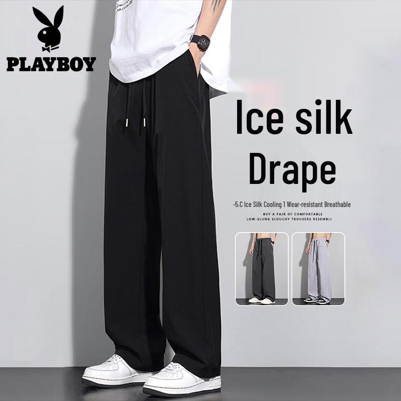 PLAYBOY Pantalon Décontracté Droit en Soie Glacée pour Homme