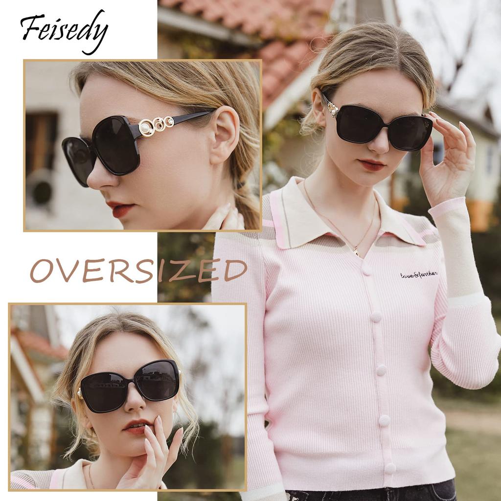 FEISEDY Polarized Pearl Sparkling Extra Large Fashion UV for B2821 Women's Sunglasses, Square, Frame, Designer, Protection, Sports, Fishing,