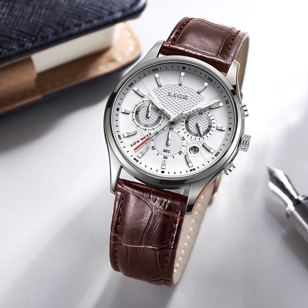 LIGE Watch Кожаный ремешок Белый Коричневый Стандартные часы LG9866J Мужские Мужские