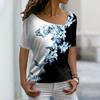Fashion Women's Asymmetric V-neck T-shirt Spring and Summer Ladies 3D Short-sleeved Top