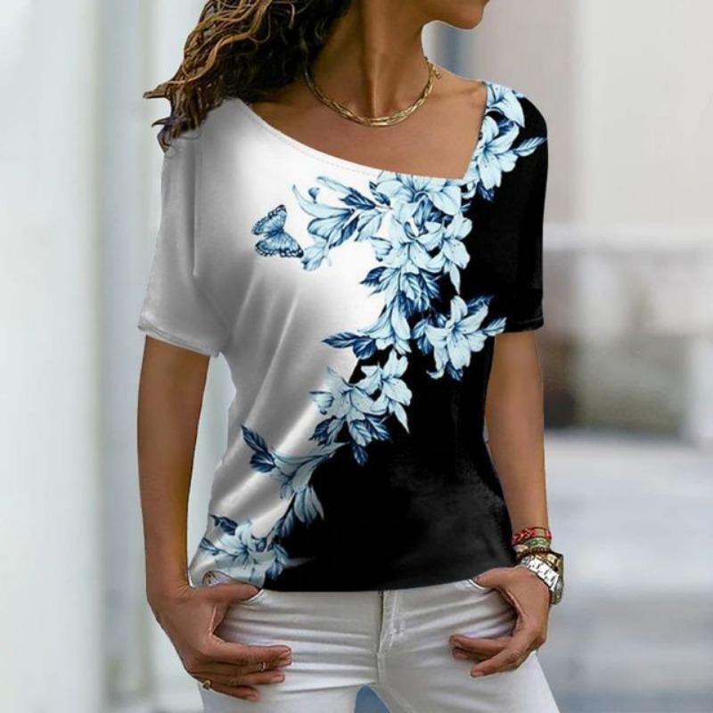 Fashion Women's Asymmetric V-neck T-shirt Spring and Summer Ladies 3D Short-sleeved Top