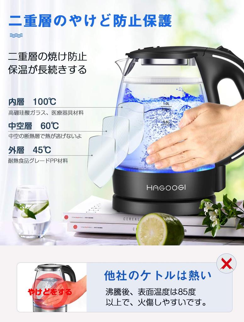 HAGOOGI Electric Kettle, Glass, 1.0L, with LED Light, Double Wall, Anti-Scald, Small, Stylish, Easy To Clean, for Tea and Coffee
