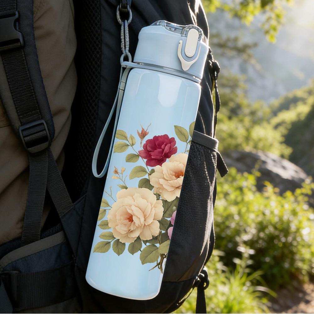 1PC Vintage Rose Floral Bouquet 750ml Color Plastic Sports Water Bottle Leakproof Flip Straw Lid Suitable for Sports Office Home Use
