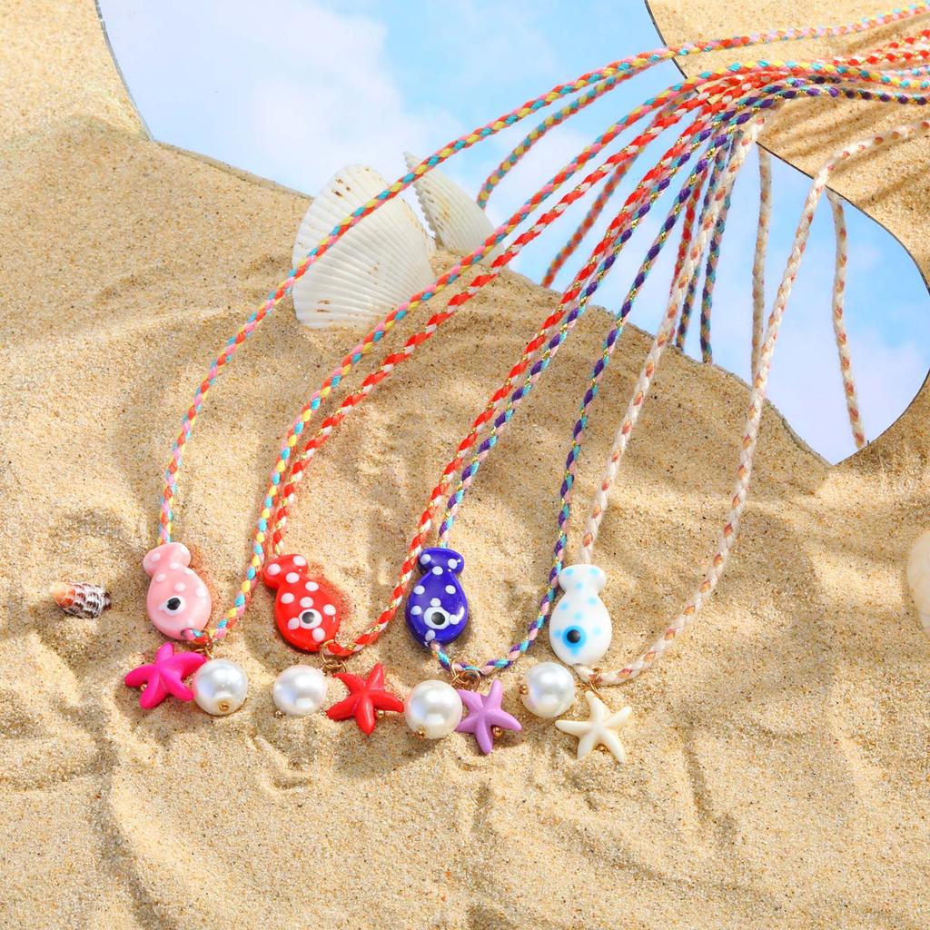Colorful Boho Ceramic Fish Pendant Necklace for Women, Adjustable Woven Rope Choker Beaded Necklace, Summer Beach Party Jewelry